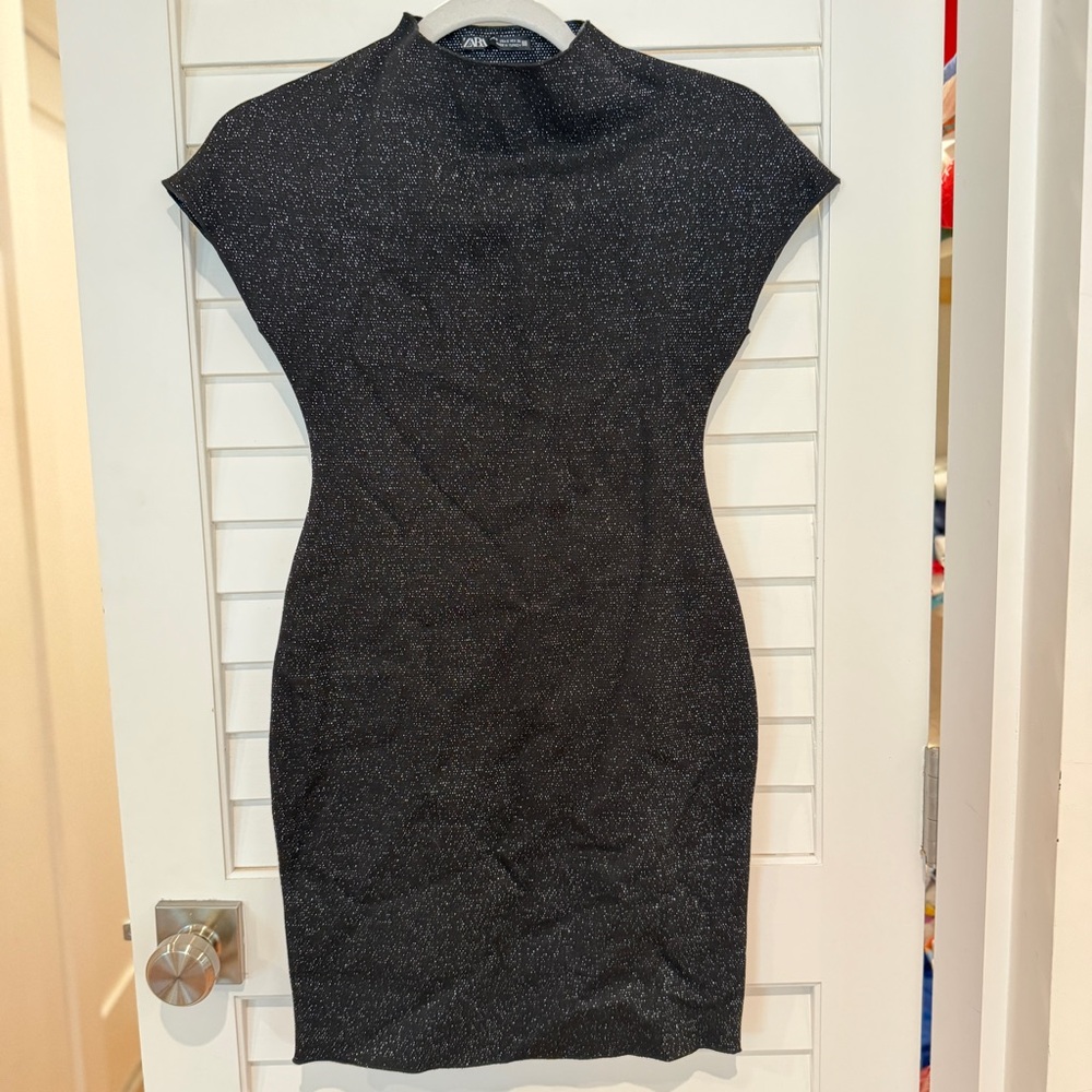 Zara Bodycon Sparkle Knit Mini Dress Sz S Black Glitter Metallic Whimsigoth